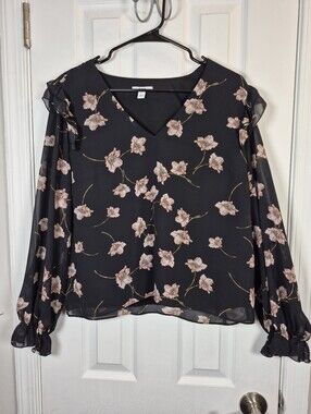 bar III Floral Ruffle V-Neck Sheer Long Sleeve Blouse Top L